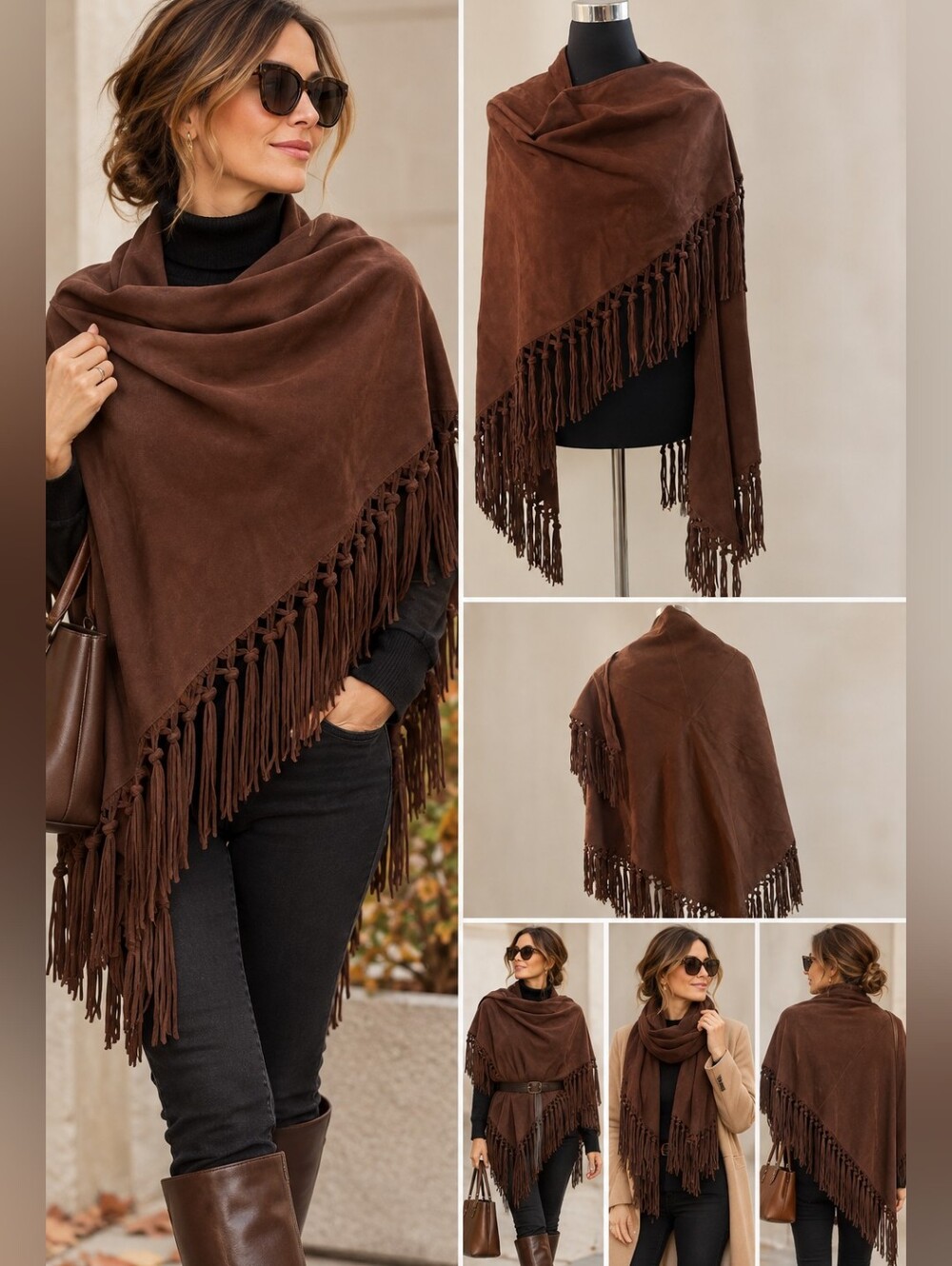 PINOTTI Made in Italy Leather Fringe Cape Shawl Wrap